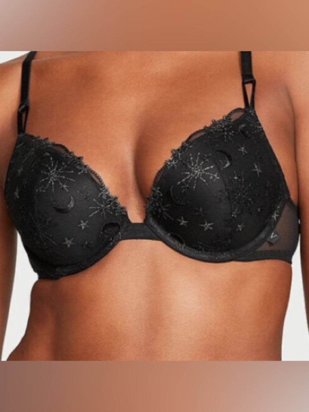 Victoria's Secret Black Embroidered Star & Moon Push-Up Bra Celestial